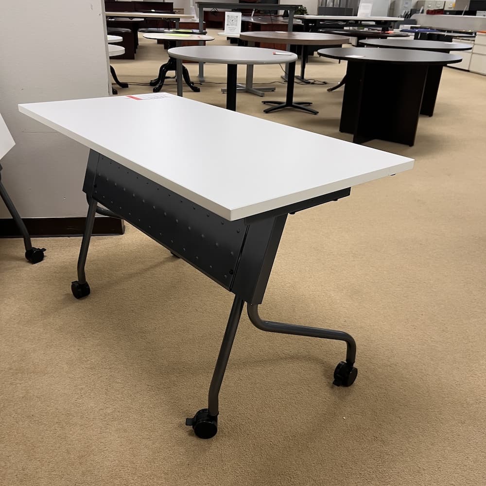 white laminate top and dark grey base training table, rolling flip, nest, used office furniture 48x24