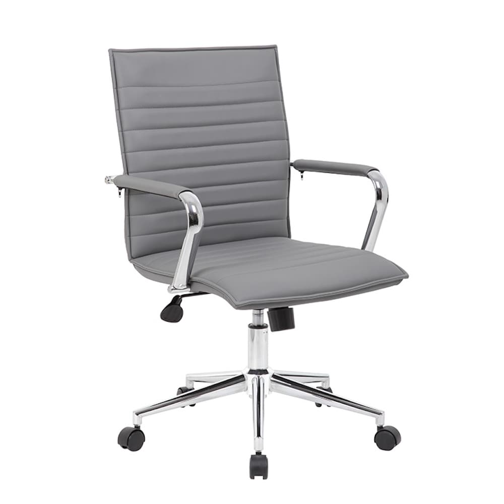 grey new quasar conference chair, MCM inspired ribbed back with chrome silver accents, office furniture, commercial furniture
