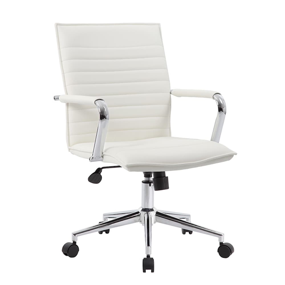 white new quasar conference chair, MCM inspired ribbed back with chrome silver accents, office furniture, commercial furniture