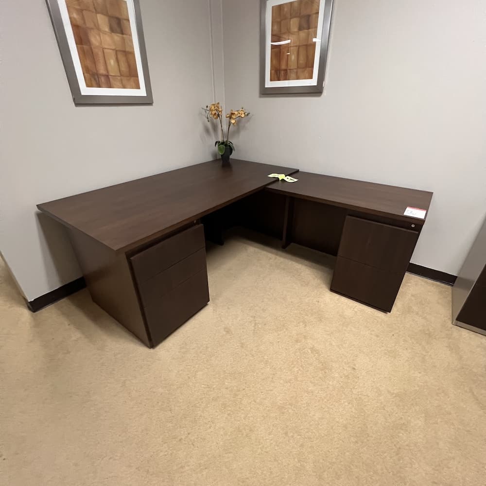 espresso l-desk right return, double pedestal, used office furniture. haworth commercial