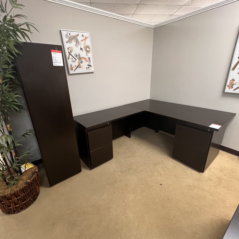 espresso l-desk left return with personal wardrobe set, veneer wood, commercial Haworth, used office furniture