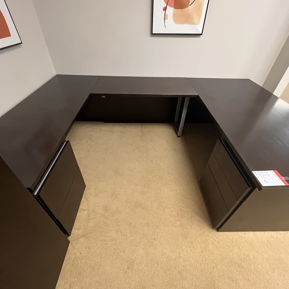 espresso veneer wood u-desk left return with personal wardrobe, haworth commercial brand, used office furniture