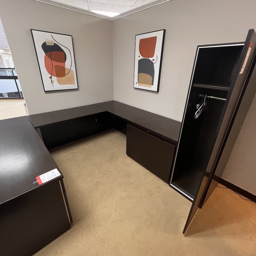 espresso veneer wood u-desk right return with personal wardrobe, haworth commercial brand, used office furniture