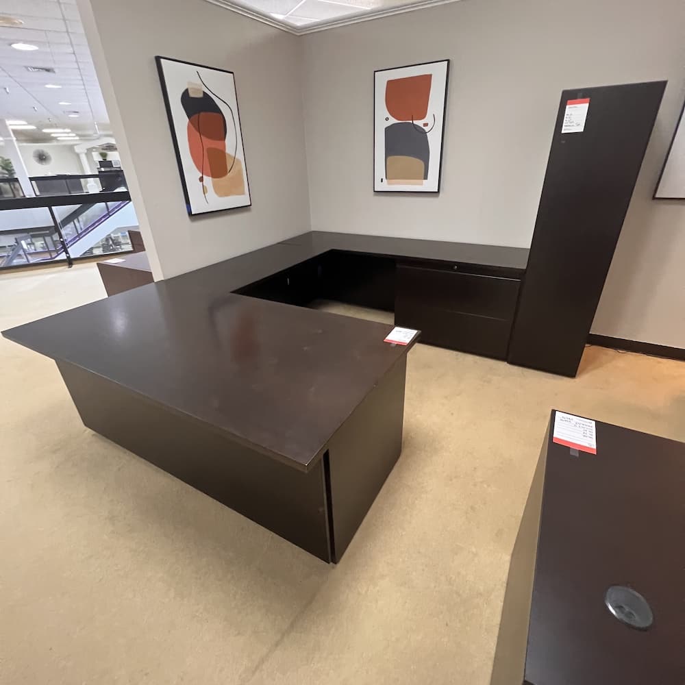 espresso veneer wood u-desk right return with personal wardrobe, haworth commercial brand, used office furniture