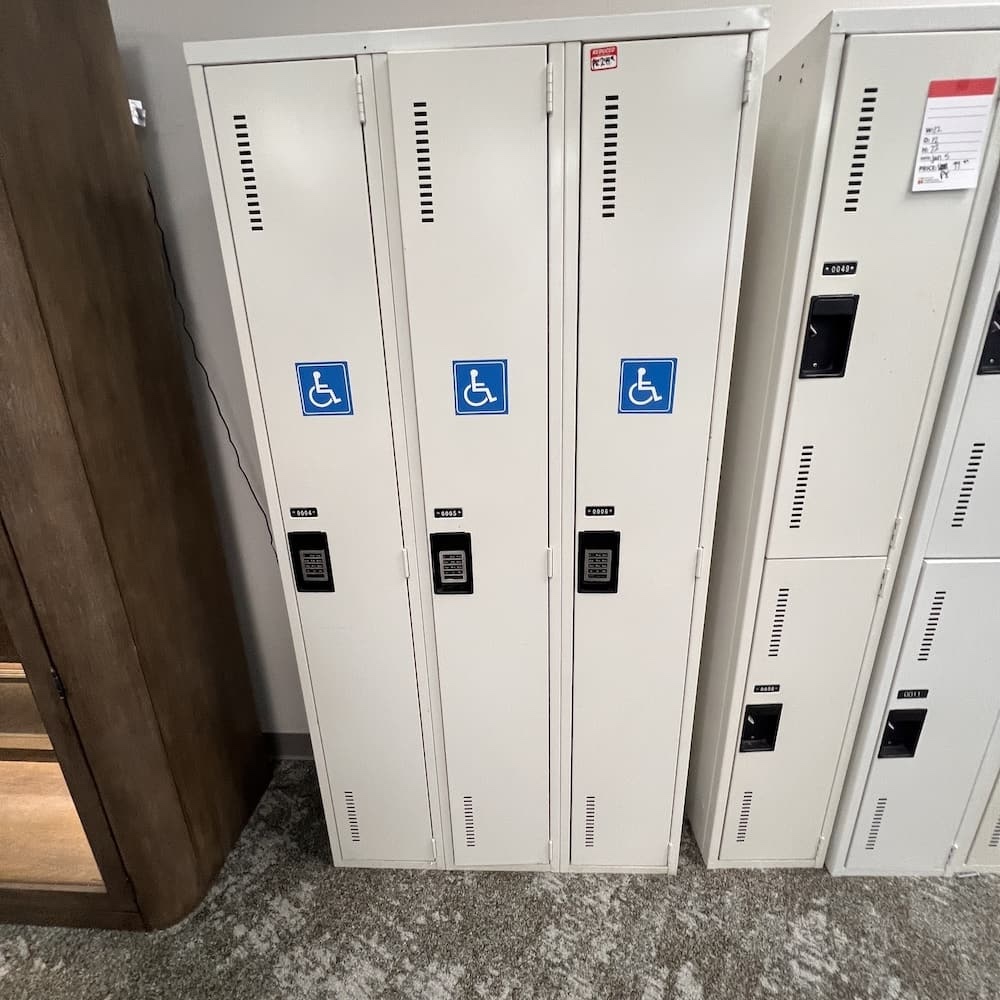 beige metal locker, 1 tier 3 pack, accessible sticker, tall, used office furniture