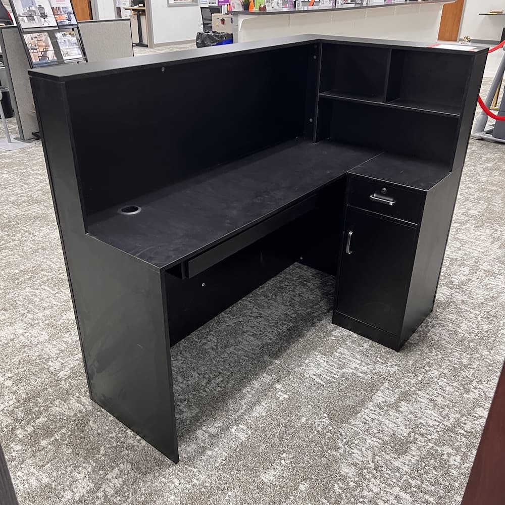 black mdf reception l-desk, used office furniture, used retail furniture