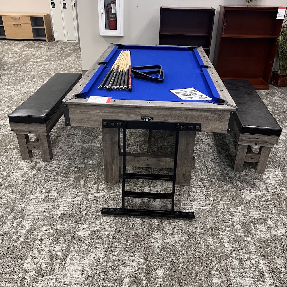 Hathaway 3 in 1 pool table, pin pong table, and table with two benches, grey black with blue fabric, used home furniture