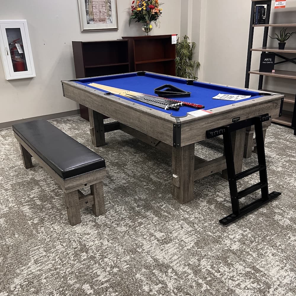 Hathaway 3 in 1 pool table, pin pong table, and table with two benches, grey black with blue fabric, used home furniture