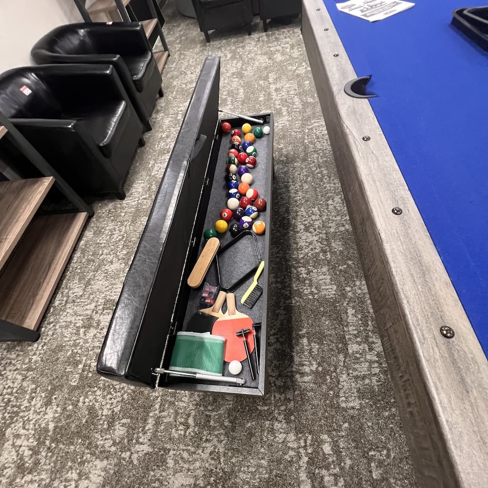 Hathaway 3 in 1 pool table, pin pong table, and table with two benches, grey black with blue fabric, used home furniture