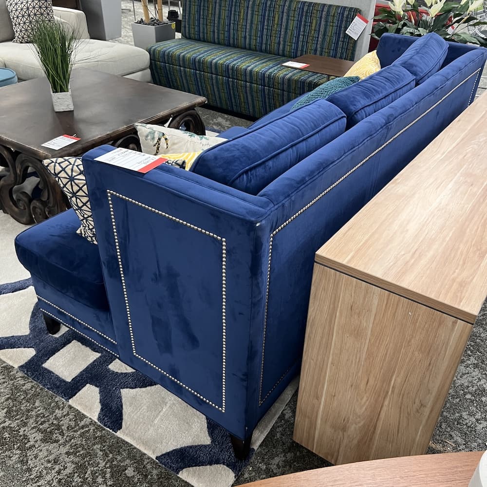 CR Lane Alister Sofa, blue velvet, used home furniture