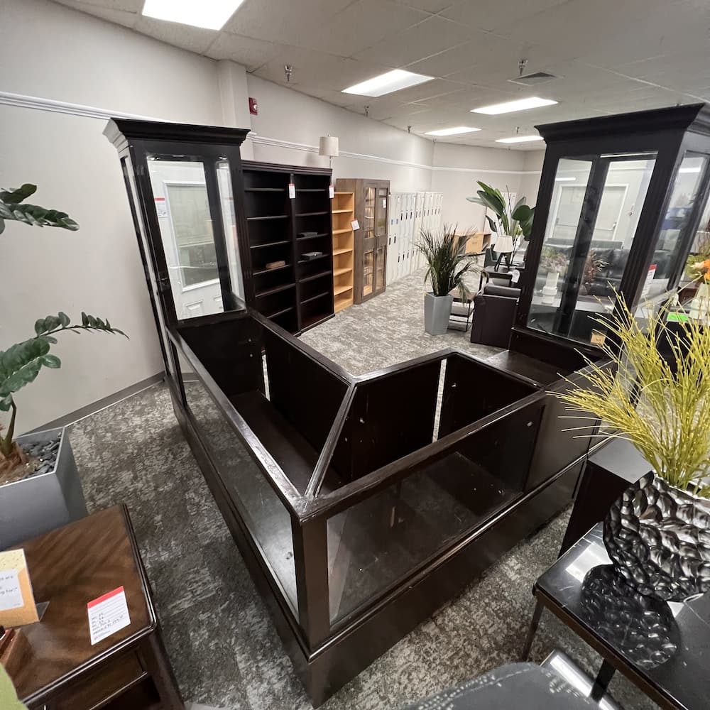 l-shaped retail counter cabinet, used point of sale with display towers, brown painted wood, vintage