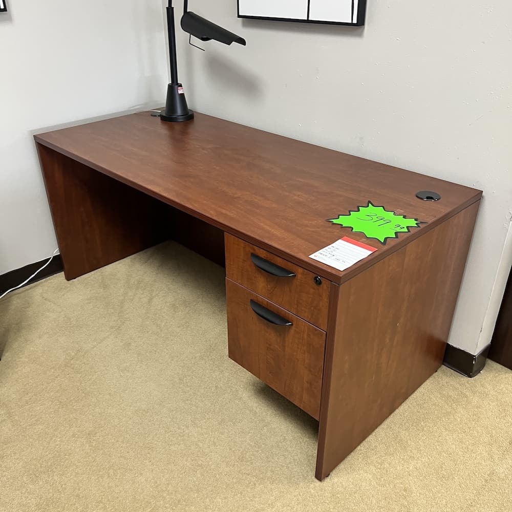 cherry laminate desk with 1 box file, used office furniture
