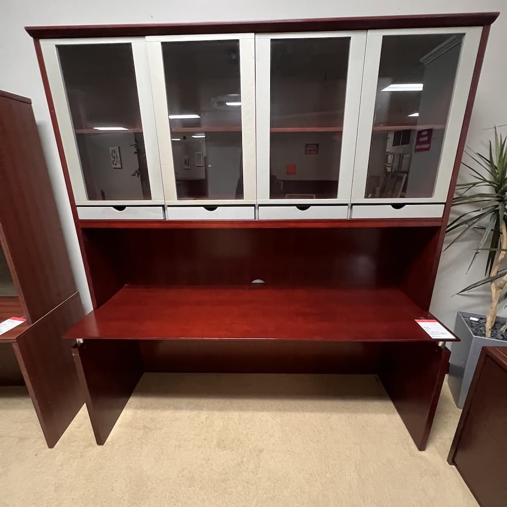 cherry veneer glossy credenza desk shell with hutch, 4 glass doors, 4 silver drawers, used office furniture