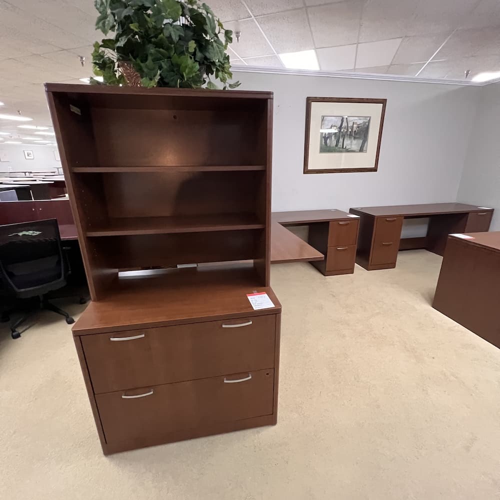 cherry laminate 2 drawer lateral, desk, l-desk, credenza, set, hon brand commercial furniture, used office furniture
