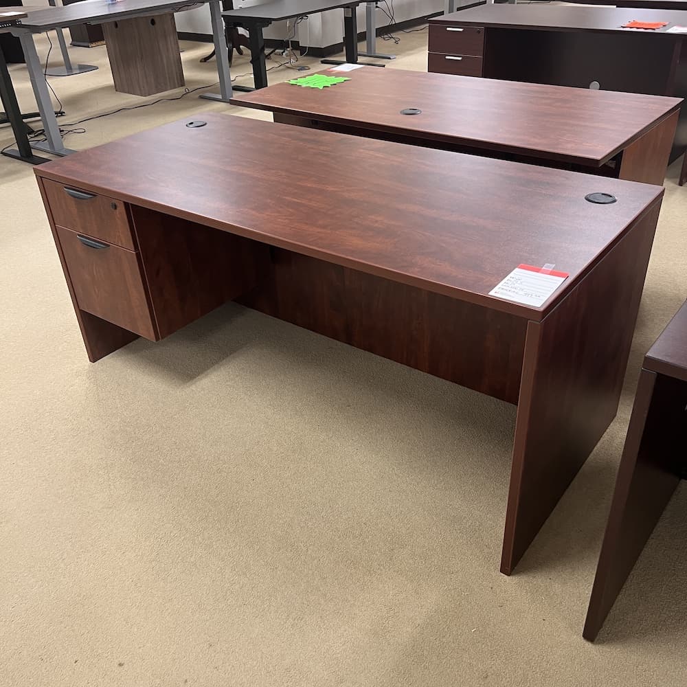 cherry laminate desk with single hanging box/file, black pulls, used office furniture