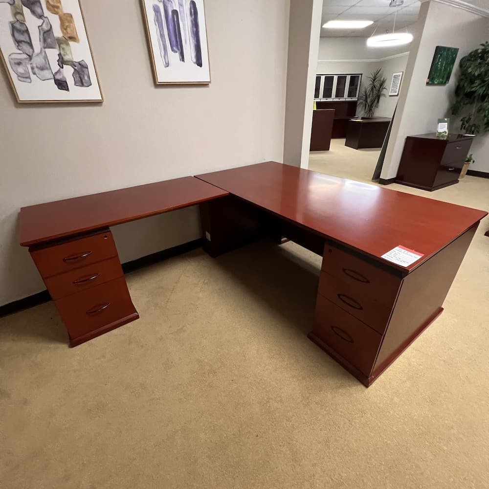 cherry veneer l-desk bookcase and 2 drawer lateral set, used office furniture