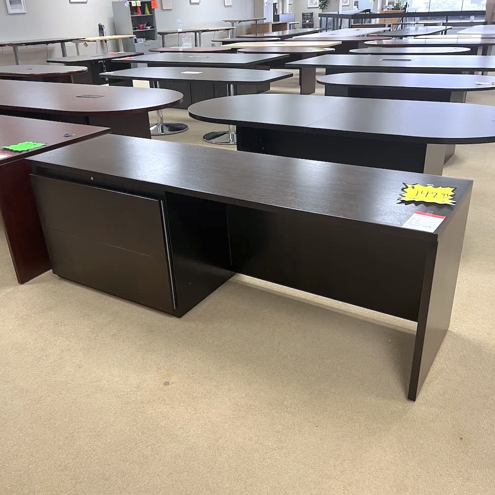 espresso veneer desk credenza 7 ft long, used office furniture, haworth commercial