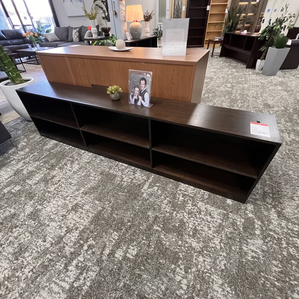 espresso veneer wood long short bookcase, haworth, commercial furniture, used office furniture, window seat