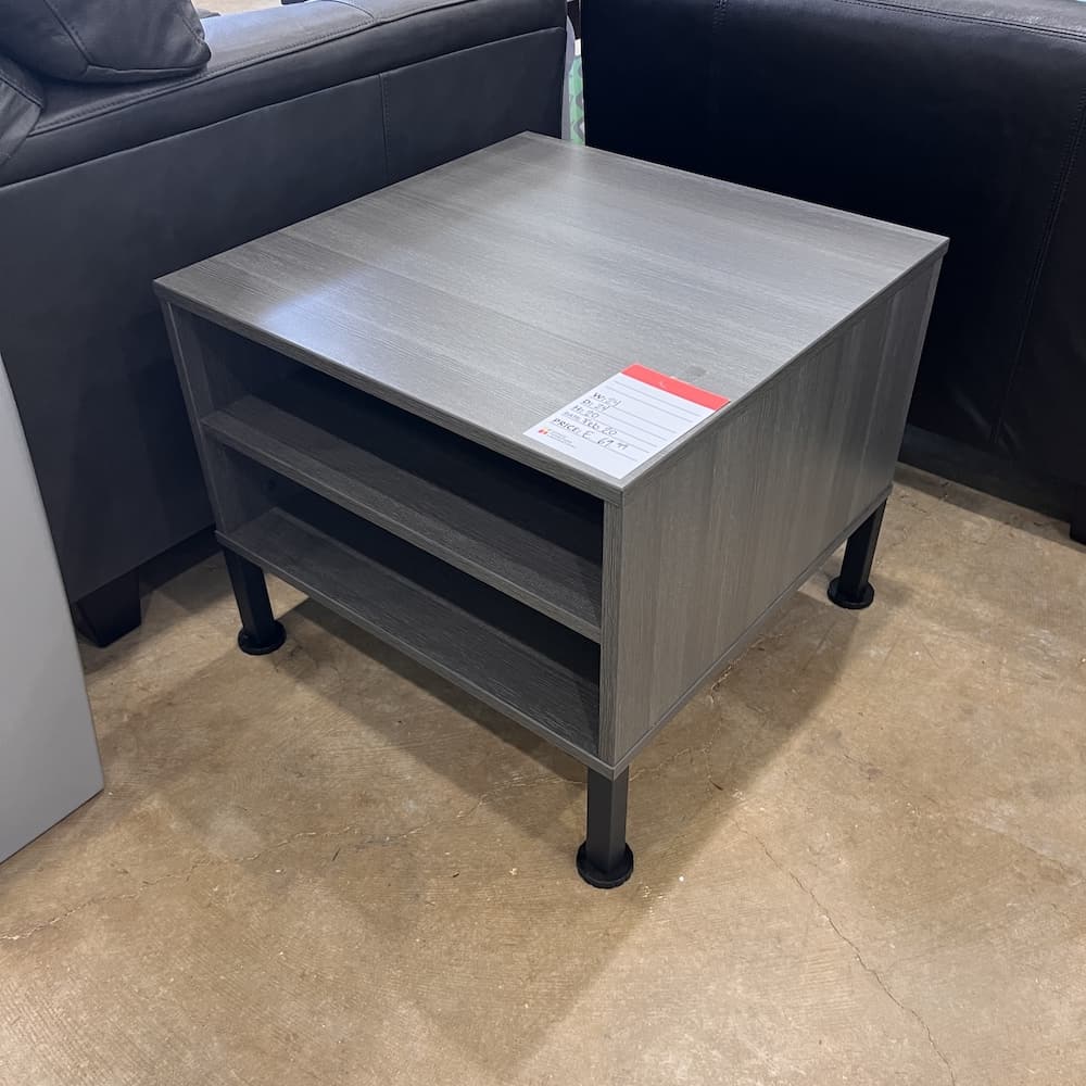 grey laminate side table with black legs, office furniture, open box