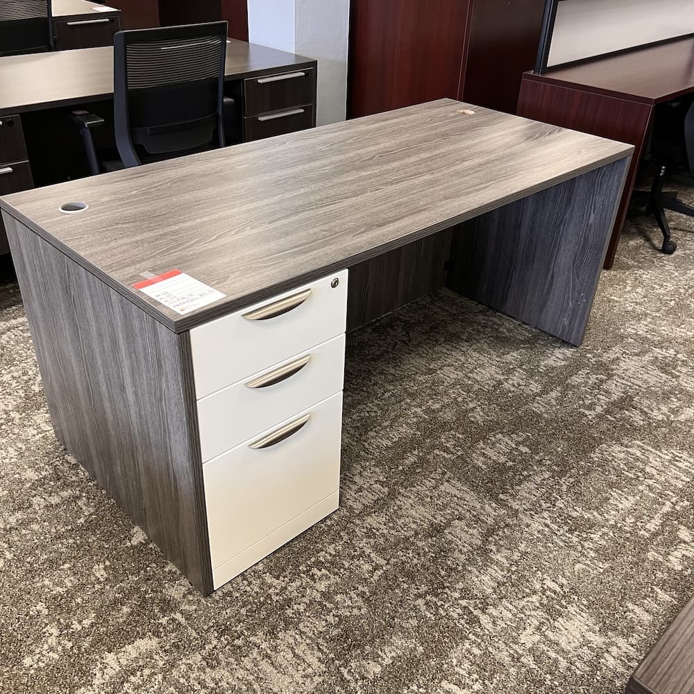 grey laminate desk with white box box file, open box office furniture