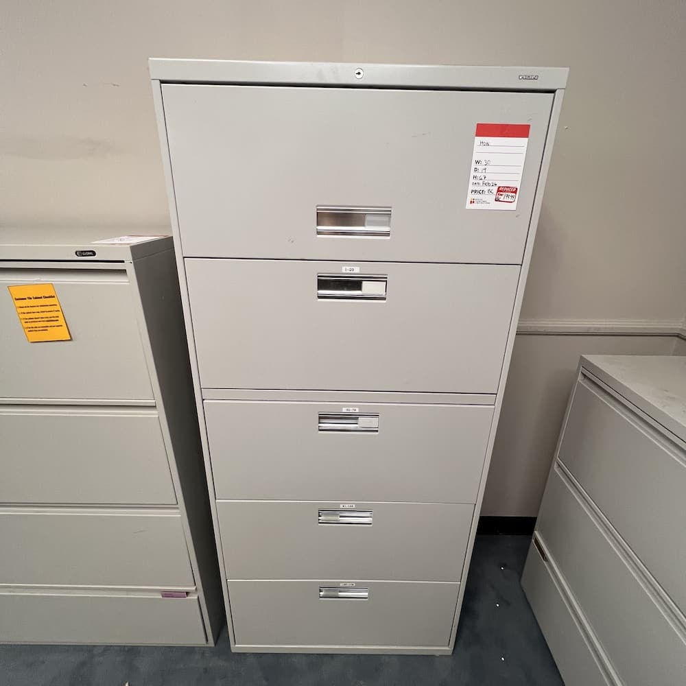 5 drawer lateral file cabinet, light grey metal, hon commercial brand, used office furniture