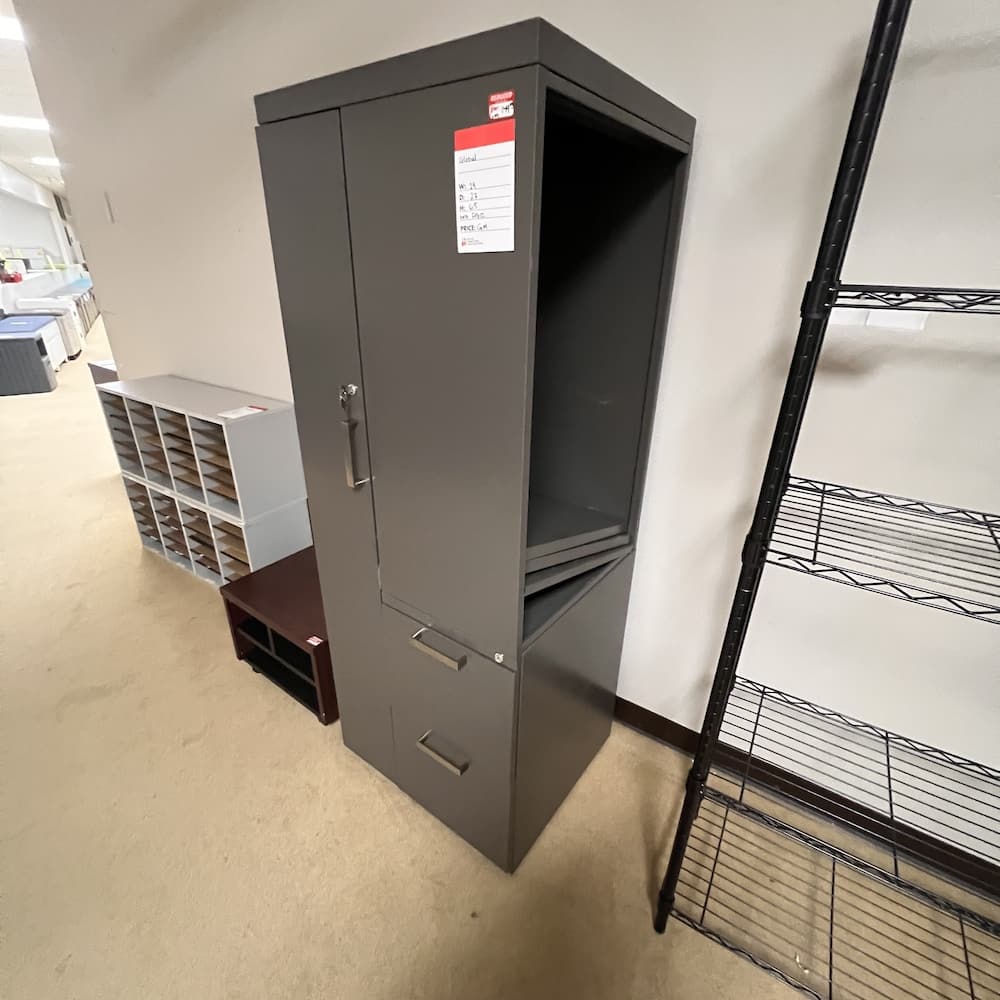 grey metal wardrobe cabinet with file file and bookcase, used office furniture