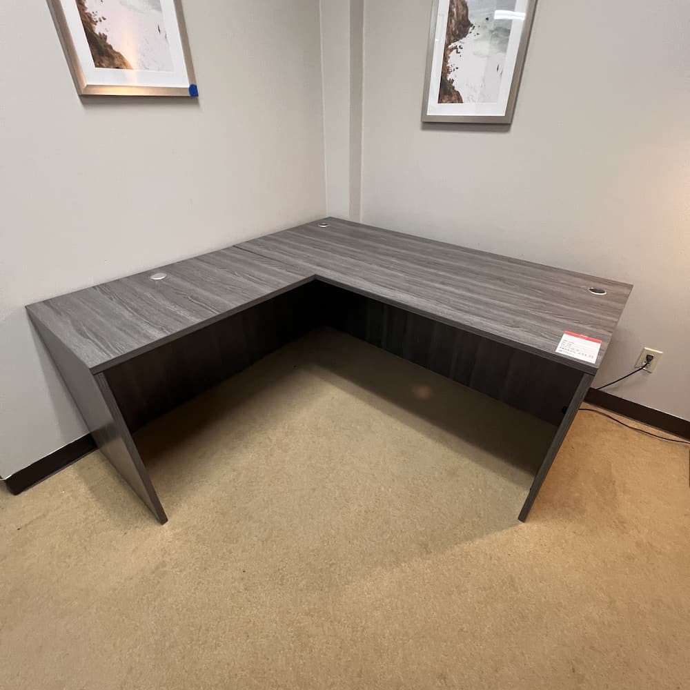 Newport grey l-desk shell, right return, used office furniture