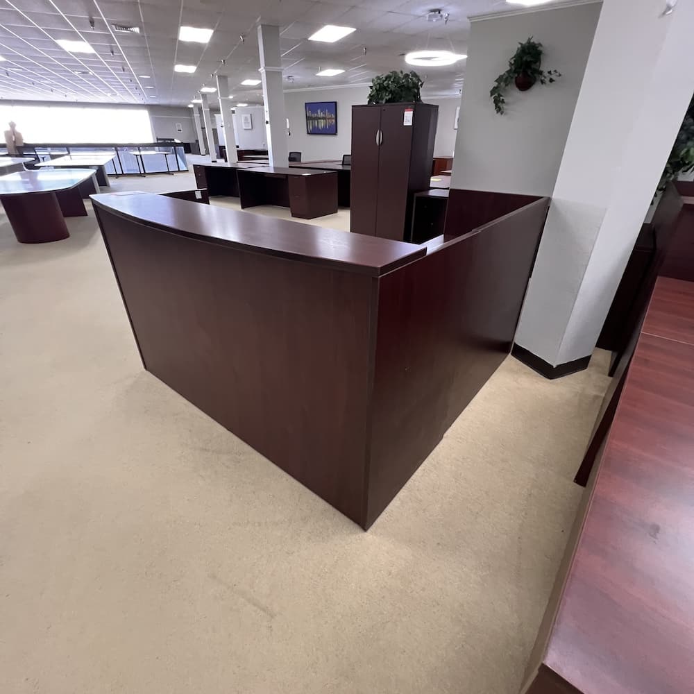 mahogany laminate l-desk reception shell, no drawers, used office furniture