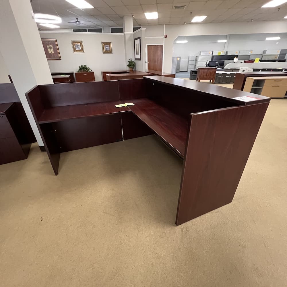 mahogany laminate l-desk reception shell, no drawers, used office furniture