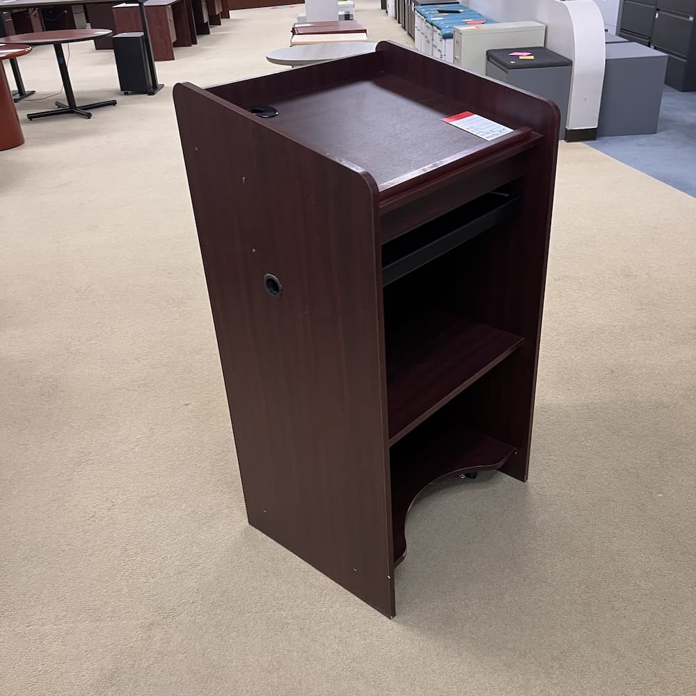 mahogany podium lecturn, laminate, rolling mobile, used office furniture