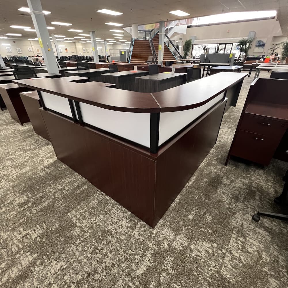 mahogany laminate reception L-desk with acrylic wrap around frosted, used office furniture, 1 bbf