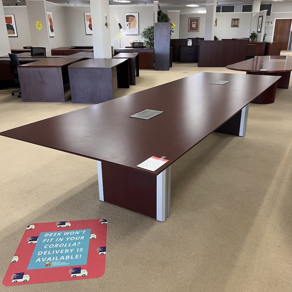 mahogany laminate rectangle 12 ft, conference table, used office furniture, power pack inserts