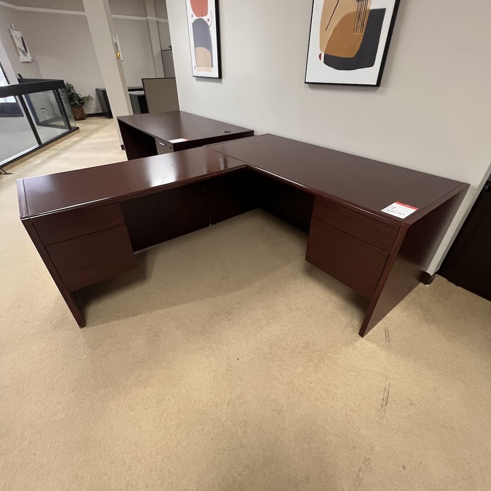 mahogany laminate l-desk, hon commercial brand, double hanging files, left return