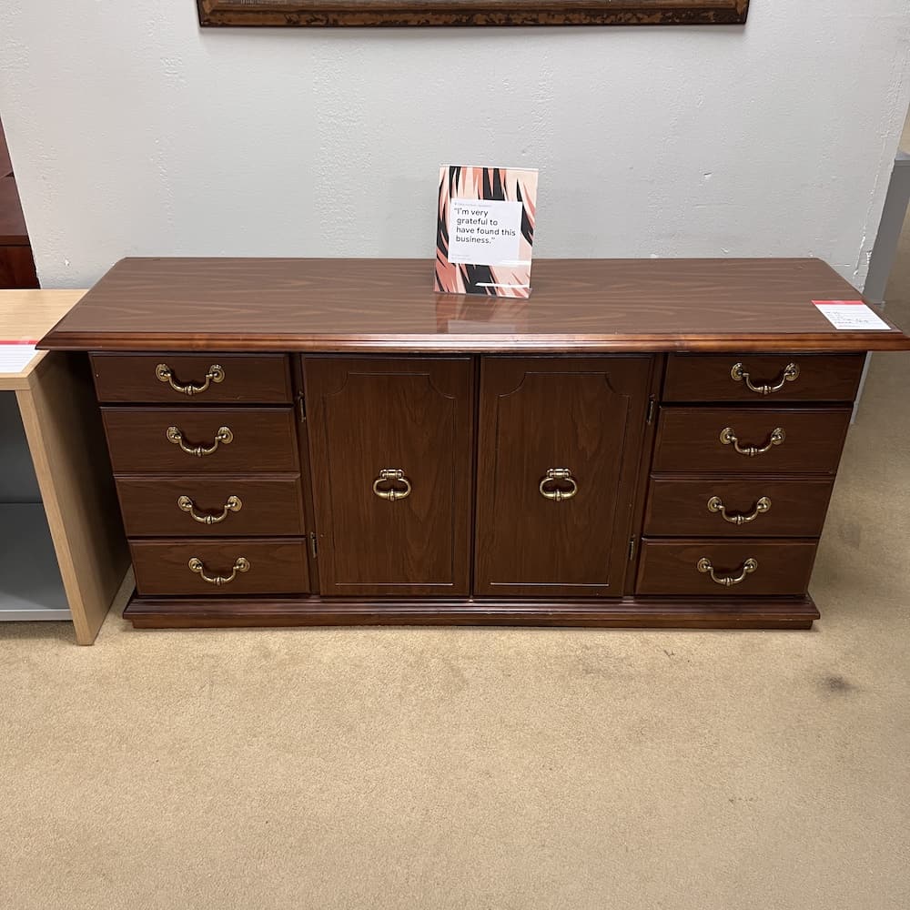 mahogany traditional vintage credenza storage cabinet, gold pulls, used office furniture