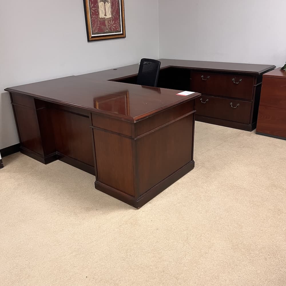 mahogany veneer wood executive traditional u-desk right return used office furniture