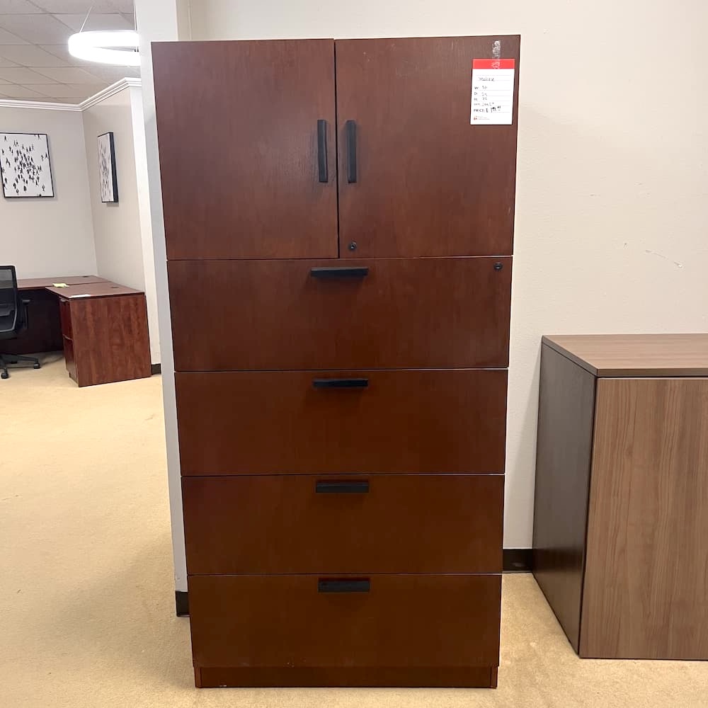 steelcase mahogany veneer wood 4 drawer lateral with cabinet, used office furniture