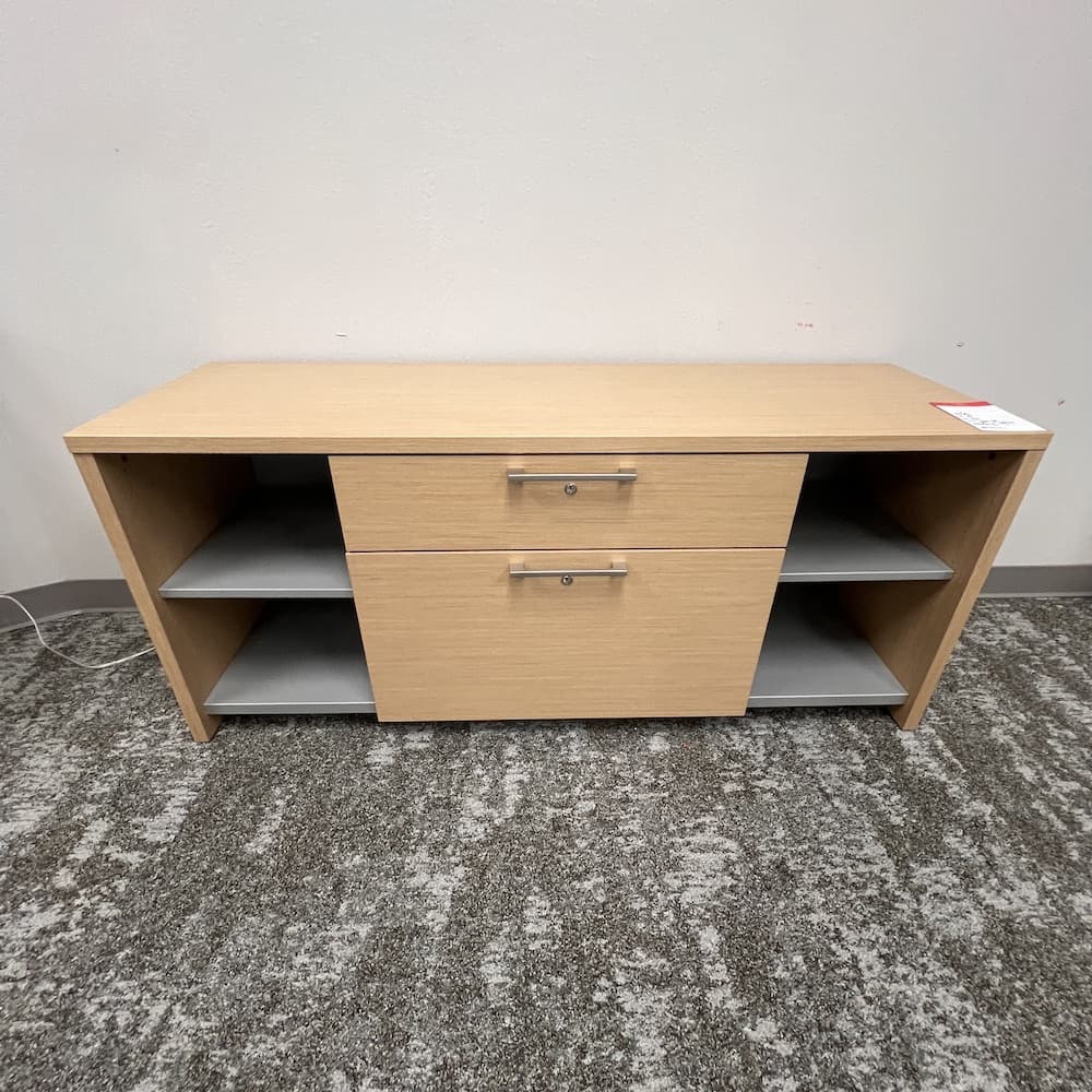 maple laminate and grey metal credenza with lateral file, haworth, commercial used office furniture