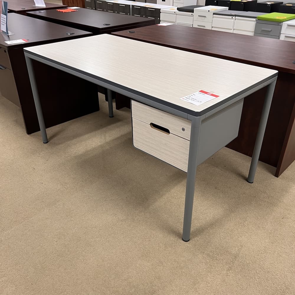 maple blonde laminate desk table with hanging box box, used office furniture
