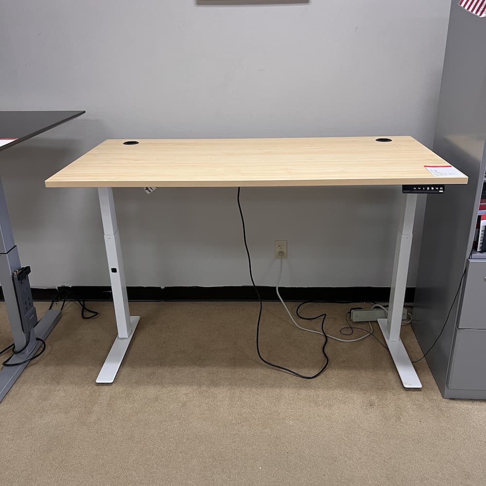maple laminate height adjustable standing desk with white legs, used office furniture