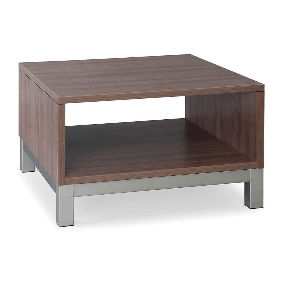 laminate square box pedestal side table, new office furniture with grey metal base, corporate modern