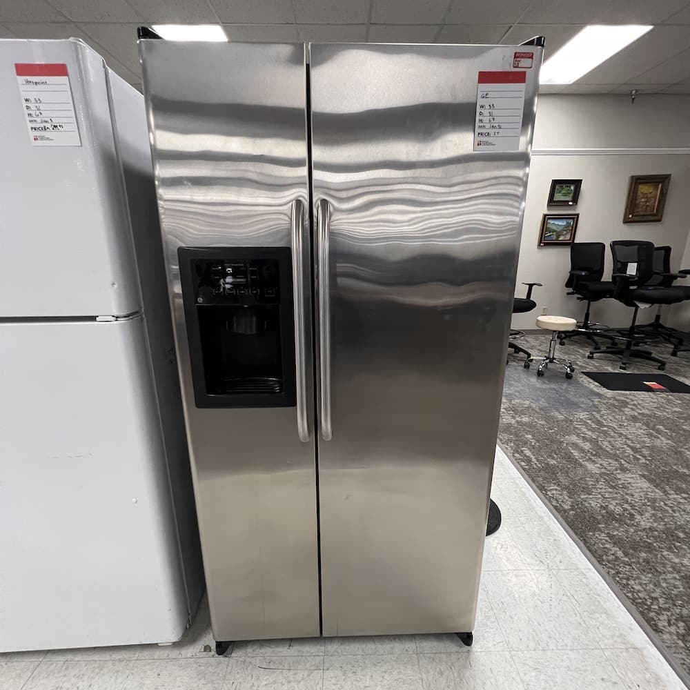 GE stainless side by side refrigerator, used appliances, ice maker