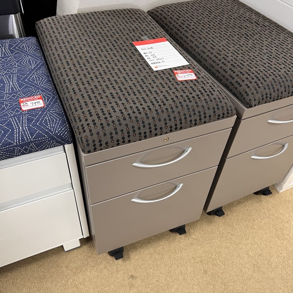 taupe grey metal bow file rolling file, allsteel, used office furniture, rolling with cushion