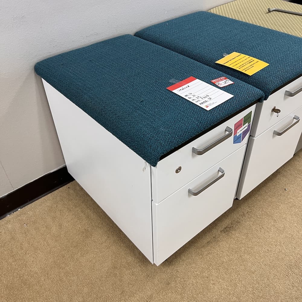 teal cushion toped box file, rolling file, used office furniture, steelcase