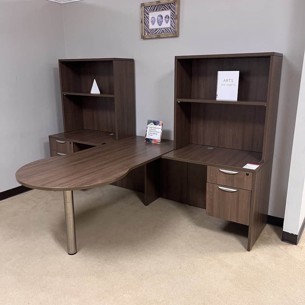 walnut laminate 2 person workstation with bulletnose divider and 2 hutches on the returns, 2 hanging box/files, used office furniture