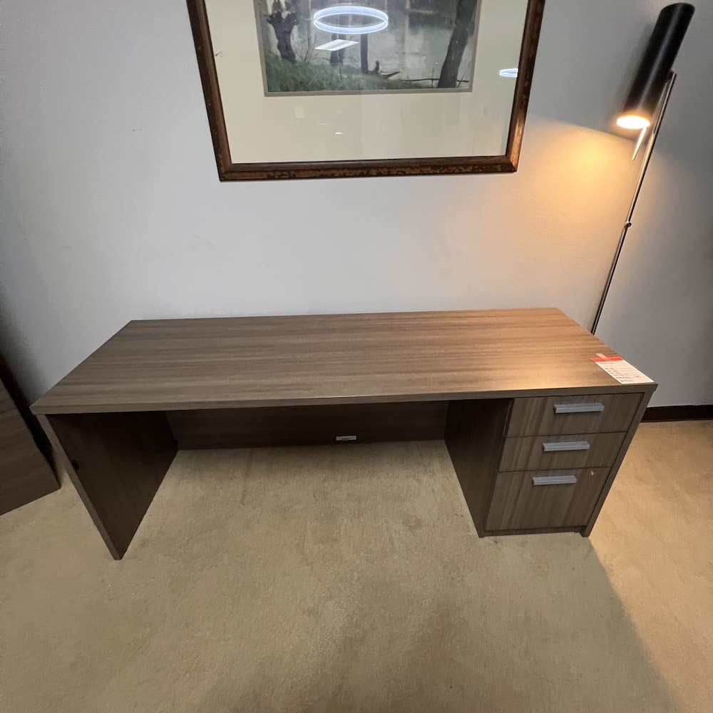 steelcase walnut laminate desk set, with credenza, bbf, lateral file, and wall mount hutch, used office furniture