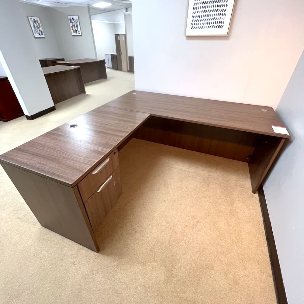 walnut laminage l-desk left return with single hanging box/file