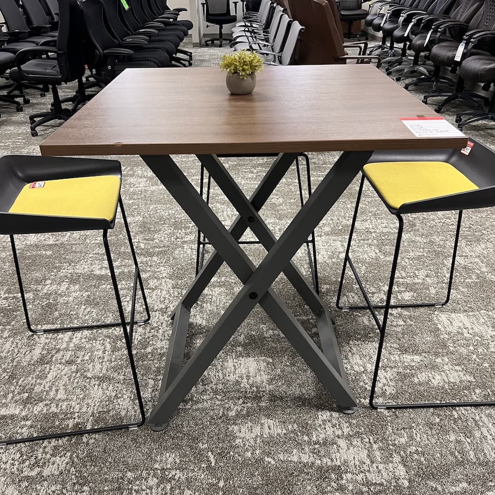 walnut laminate square pub table with grey vari table base, used office furniture