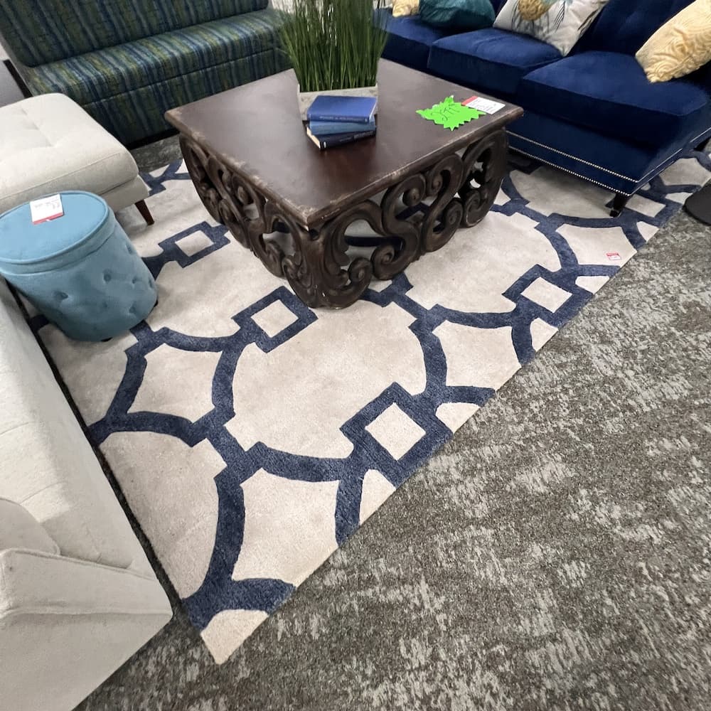 blue and white geometric patterned area rug, used home furniture