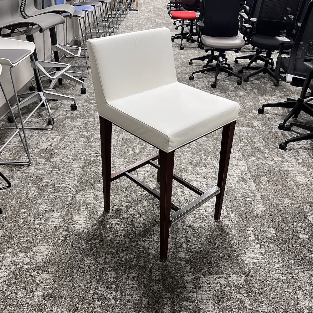 Bernhardt stool bar leather white with mahogany base, used furniture, office, restaurant, hotel