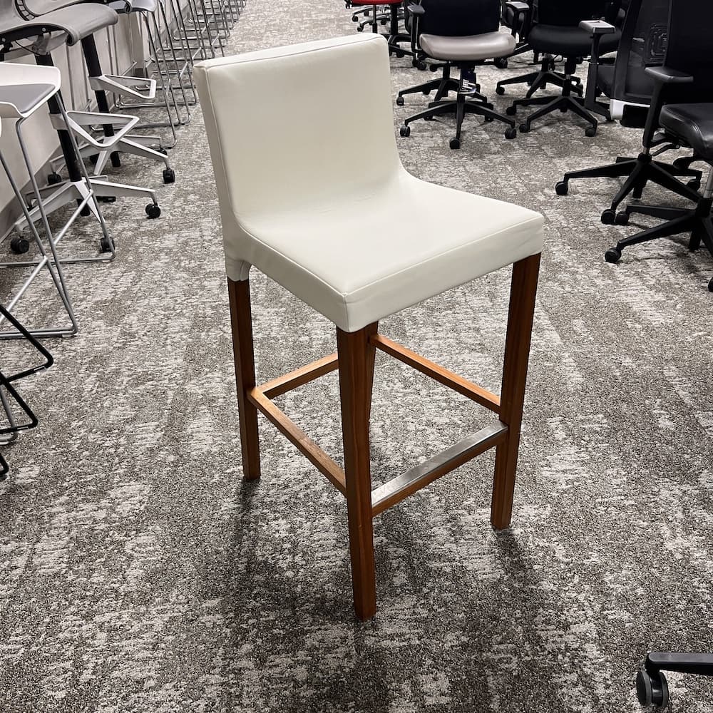 white vinyl with cherry veneer wood legs, bar height stool, blue dot, used furniture